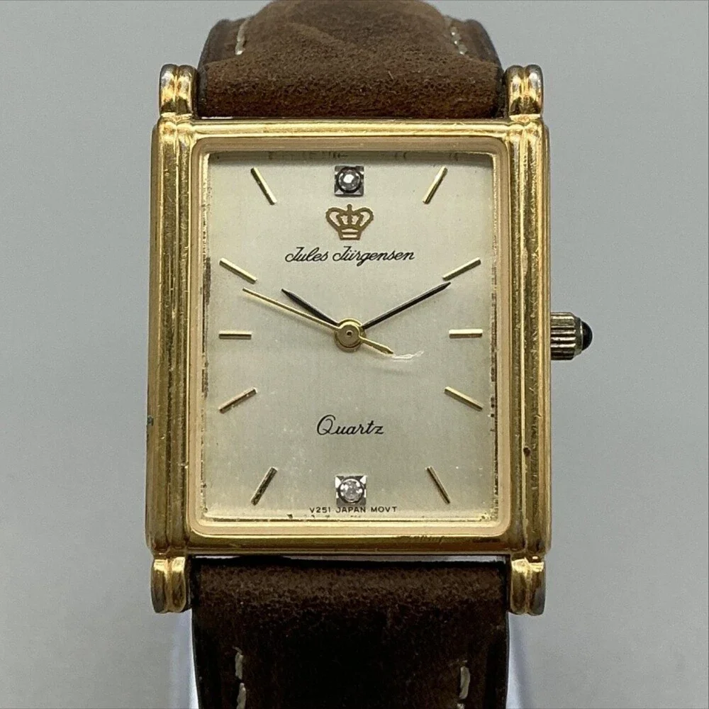 Jules Jurgensen 6741 Mens Watch 25mm Gold Tone Brown Leather New Battery